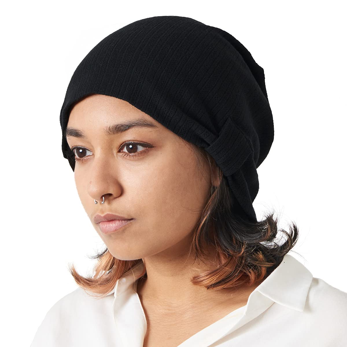 CHARM Slouchy Beanie for Women - Cute Cotton Slouch Hat, Chemo Headwear, Hair Cover Sleep Cap Winter Beanie Black