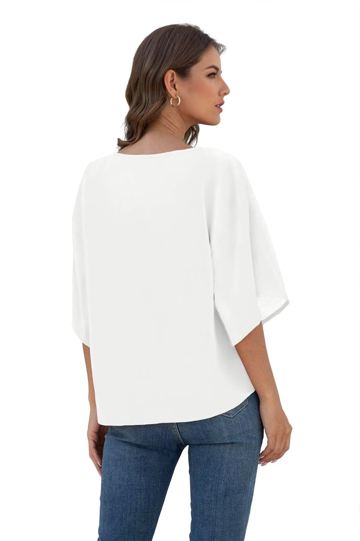 Bluse Damen Sommer Chiffon Tunika Tops Kurzarm Elegant Oberteile V-Ausschnitt Loose Casual Tie Front Trompetenärmel T Shirts S-2XL