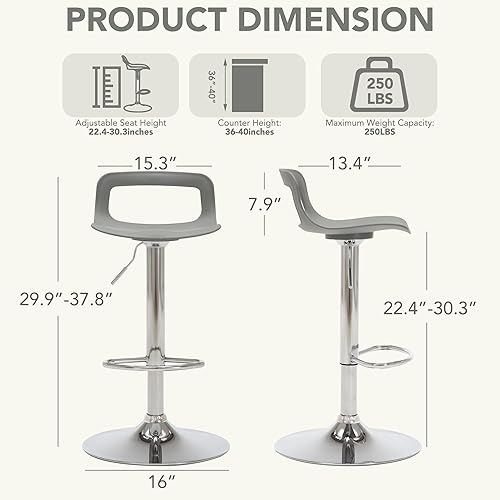 Miniatura 2 de thksbought Juego de 4 taburetes de bar, taburetes de bar giratorios de plástico ajustables, taburetes modernos con respaldo abierto y reposapiés,