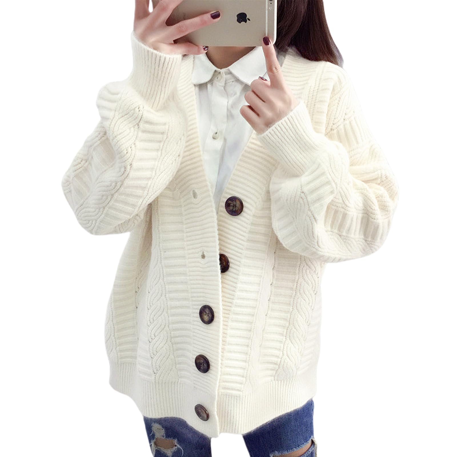 Womens Chunky Cable Knit Cardigan - V-Neck Button-Front Oversized Sweater Jacket