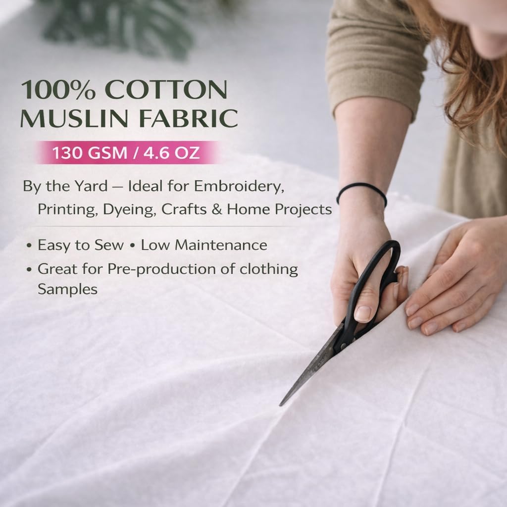 White Cotton Fabric by the Yard, 5 Yard 100% Cotton Muslin Cloth, 4.6 Oz Medium Weight for Embroidery, Apparel Mock-Ups, and Craft Projects