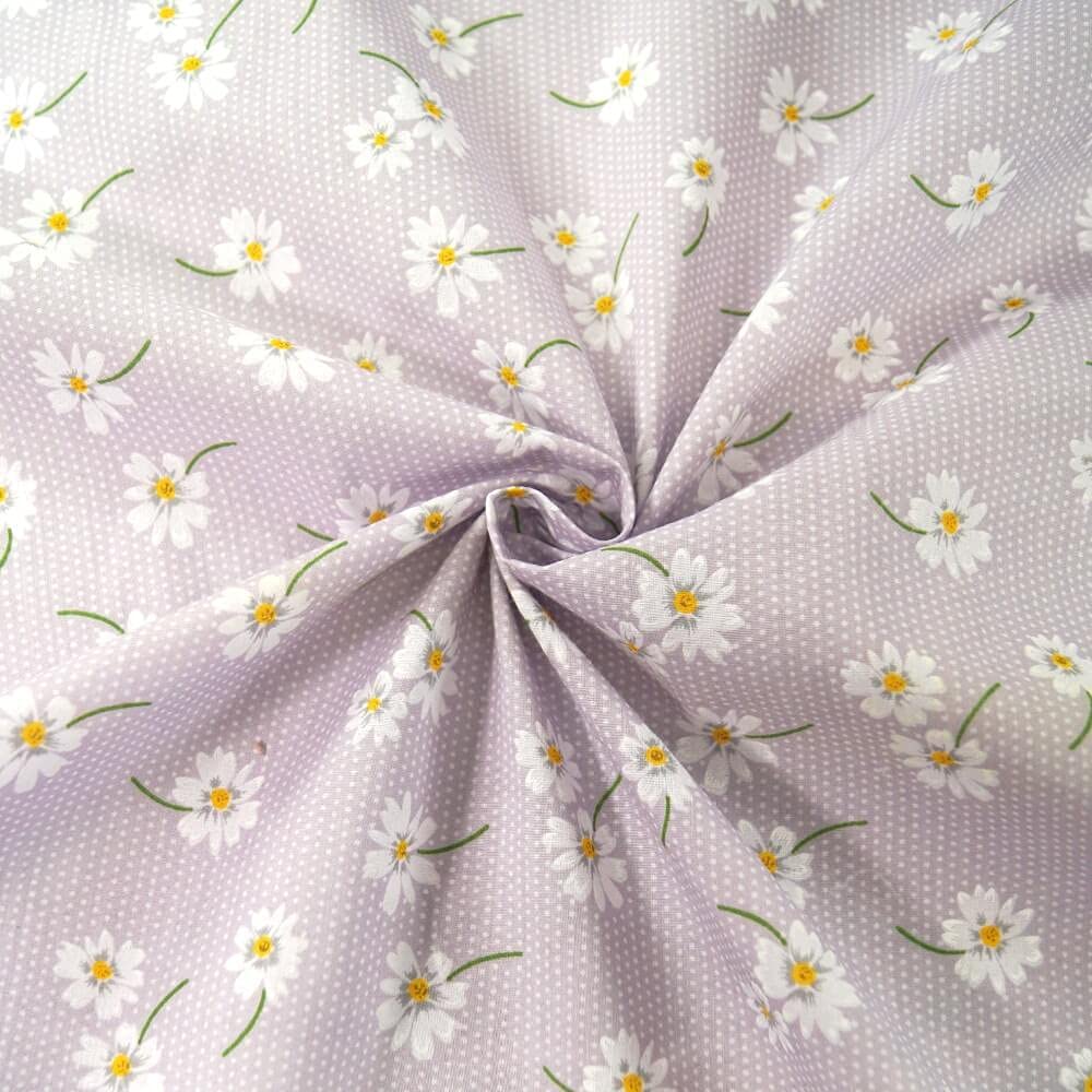Polycotton Fabric Polka Dot Floating Daisy Flowers Floral Spots Dots (Sold Per Metre) (Lilac)