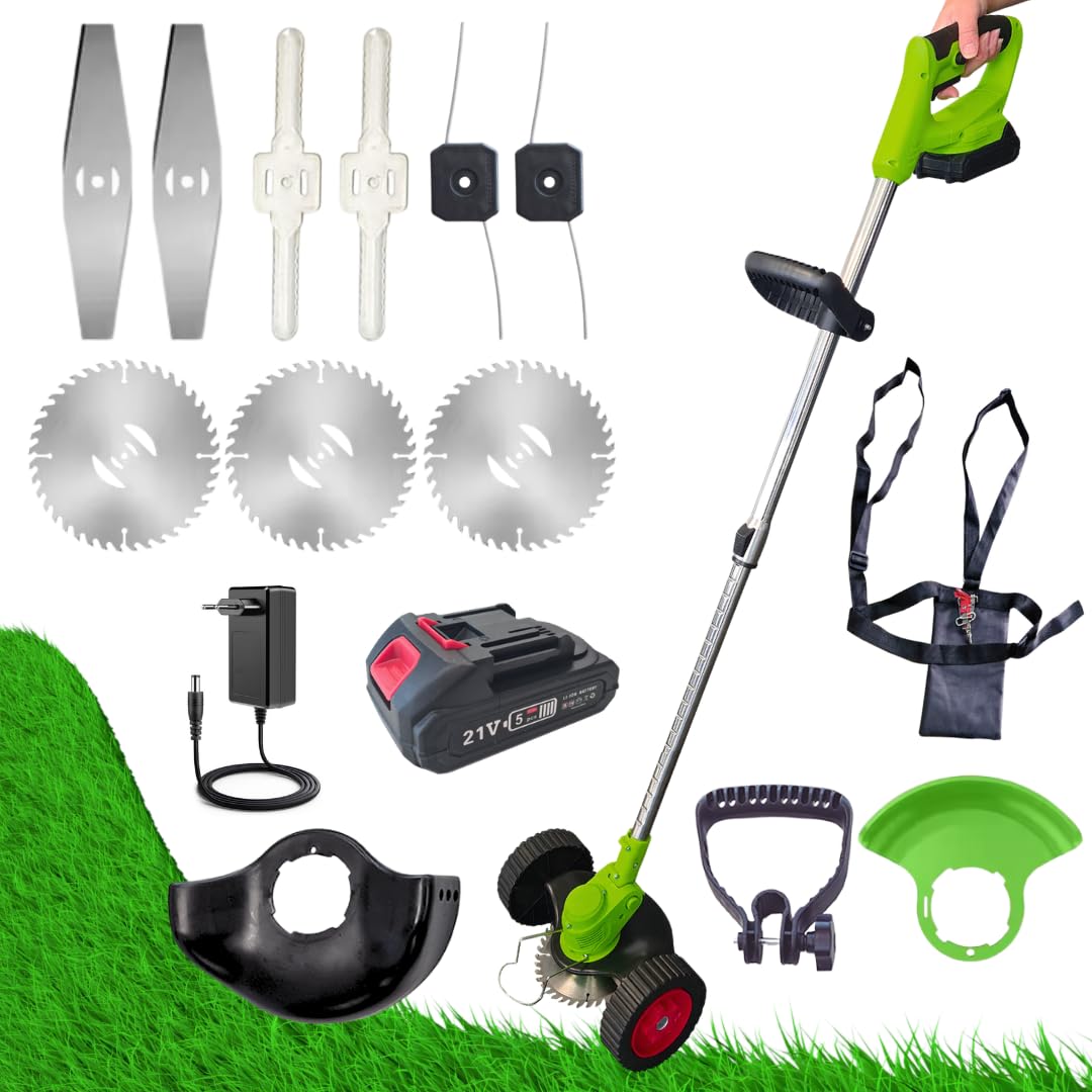 ROTORAZER 8 in 1, Electric Brushcutter, 21V Battery, Brushcutter, Mower, Lawnmower, Copper Motor, Various Accessories, 90º Pivoting Head (Mower+1Batt+Harness)