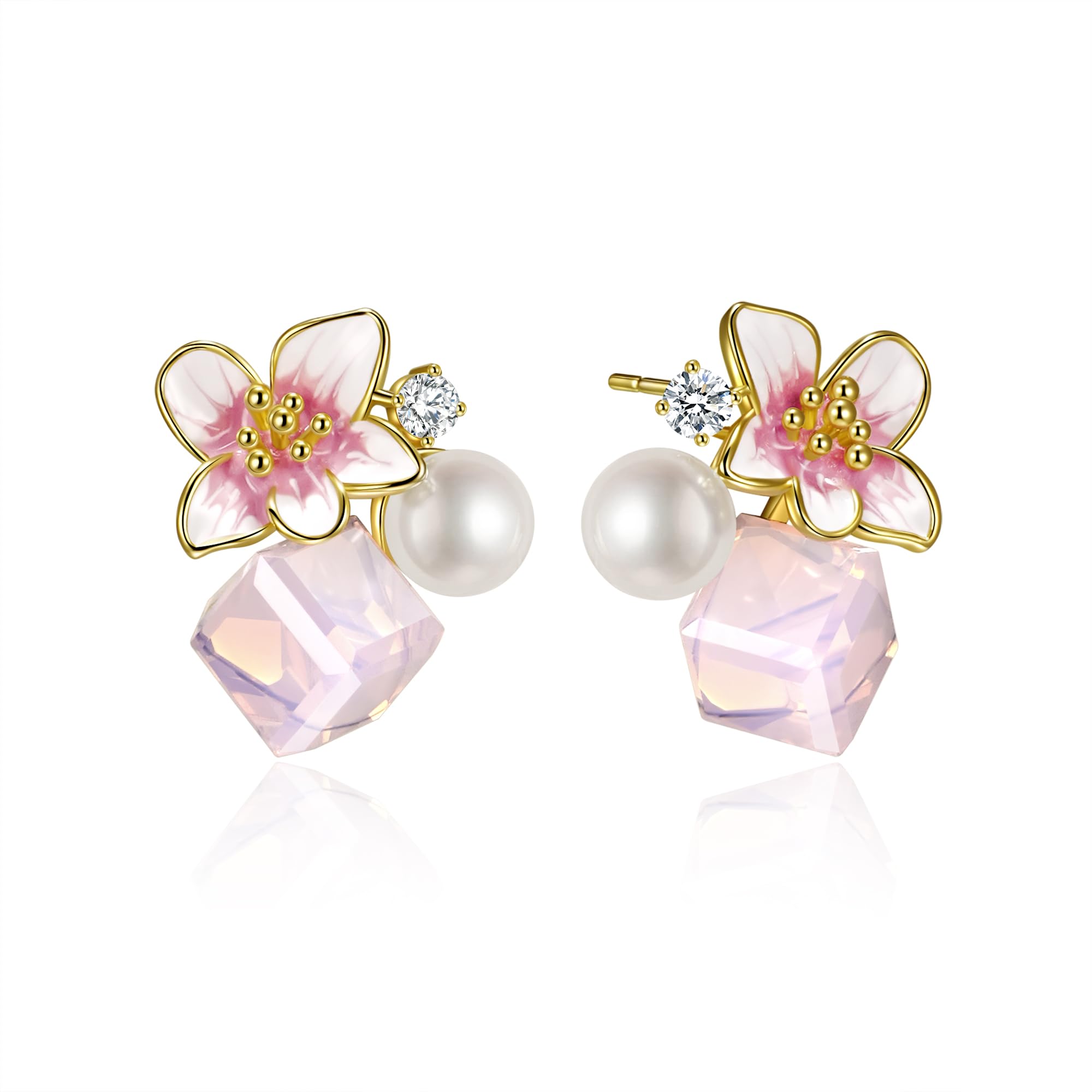 Pink Flower Earrings for Women, 925 Sterling Silver Stud Earrings, Cute Plumeria Earrings For Women, Cherry Blossom Hypoallergenic Stud