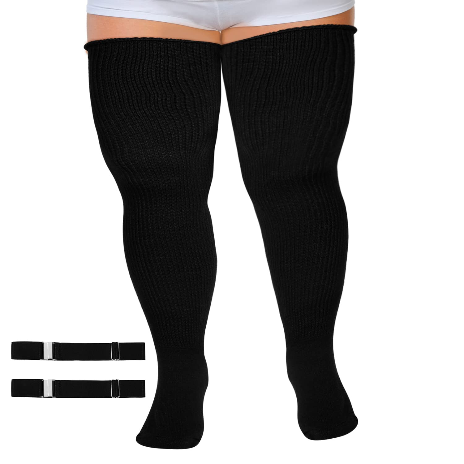 KINBOMExtra Large Plus Size Thigh High Socks, Black Extra Long Thigh High Stockings with Adjustable Buckles Leg Warmers for Women Girls Thick Thighs