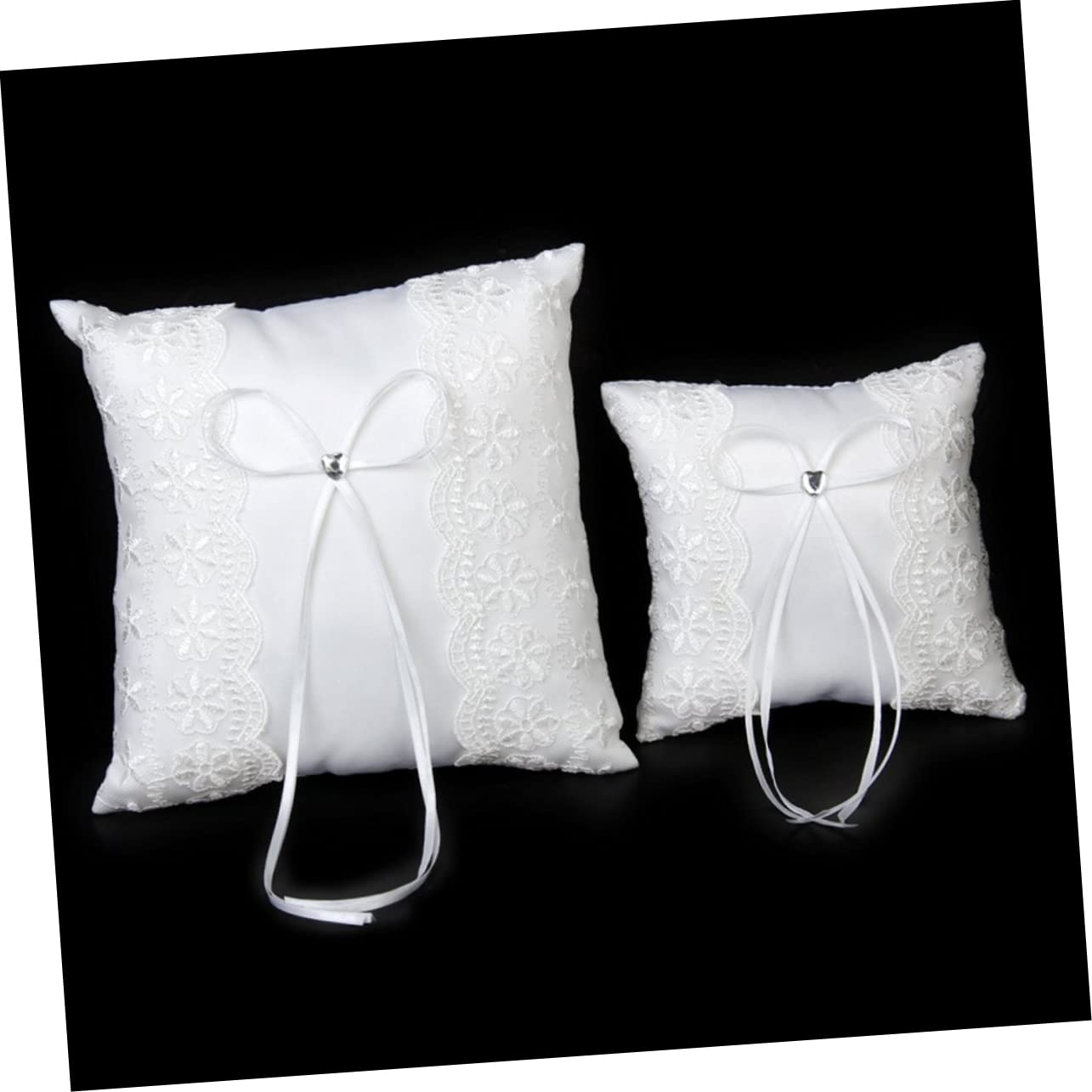 KOMBIUDA Lace Wedding Pillow Cushion Rhinestone Heart for Ceremony Elegant Decorative Pillow for Brides and Grooms Includes Strap for Page Boy Hold