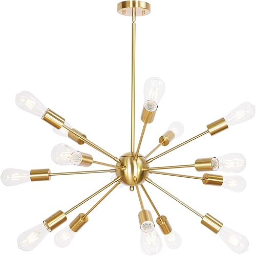 BONLICHT Sputnik Candelabros de 15 luces, latón cepillado, iluminación colgante moderna industrial vintage de mediados de siglo, lámpara de techo