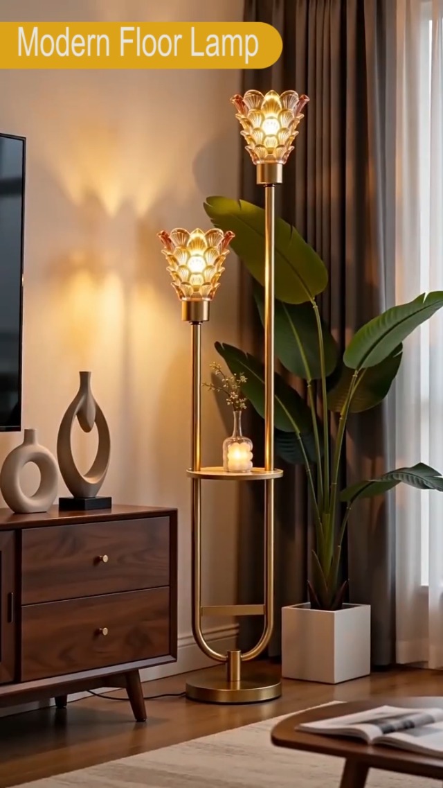 Image of Lightdot 2-Lights Modern Glass Floor Lamp with Shelf Gold Standing Tall Lamps with Amber Shell Glass Shade,LED Floor Lamp with Foot Switch for Living Room Bedroom Home Decor (3000K Bulbs Included)
