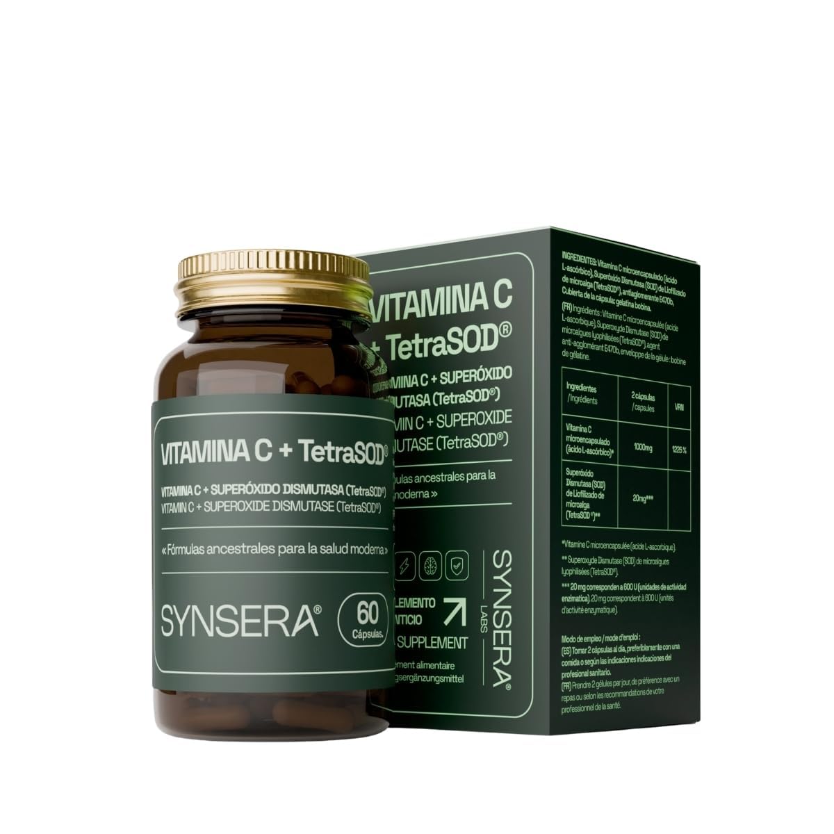 SYNSERA - Vitamina C cápsulas de liberación sostenida con TetraSOD® - antioxidante celular avanzado - refuerzo inmune, colágeno y energía sostenida - Sin Gluten - 60 cápsulas