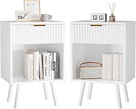 YMYNY Mid Century Modern Nightstand Set of 2, Side Table with Fluted Drawer, Open Shelf Unit, Golden Handle, Solid Wood Legs, Bedside Table, for Bedroom, Living Room, White HST013W-2