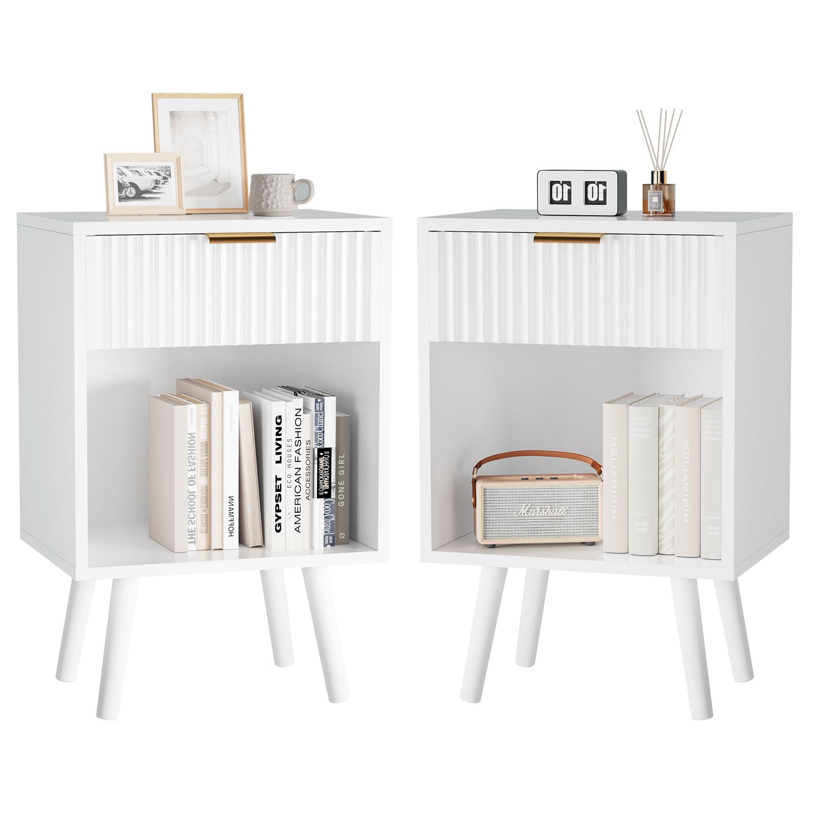 YMYNY Nachttisch 2er Set - Massivholz Beine, Schubladen mit geriffelten Fronten, für Schlafzimmer - Weiß HST013W-2