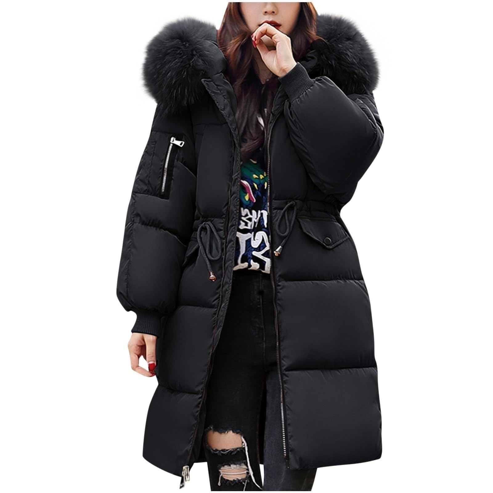 Fjzfxkzl Women's Black Warm Winter Coat For Long Puffer Jacket With Hood Lightweight Quilted Down Thermal Outdoor Parka(,Xxl)