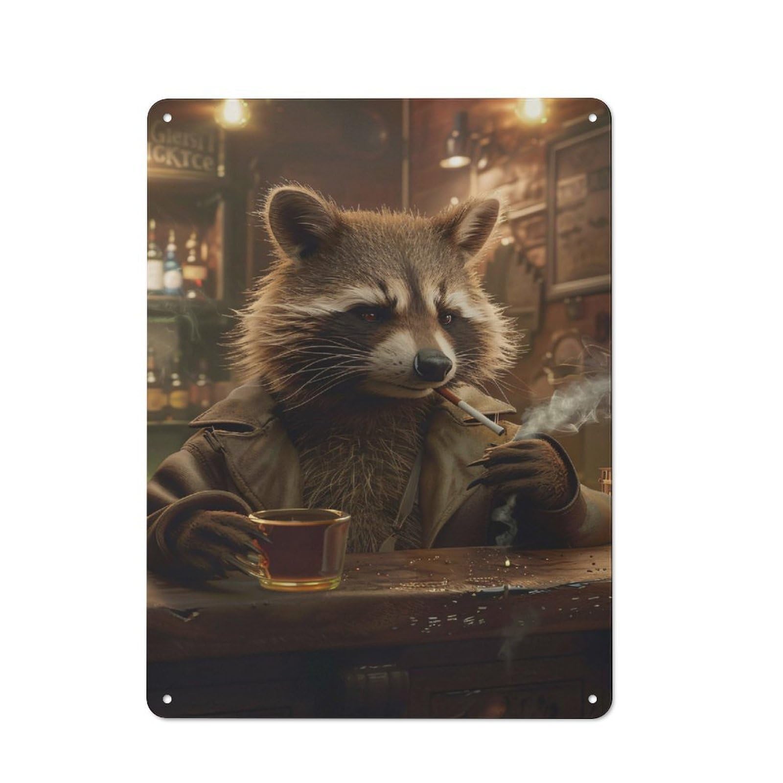 Junmoney Style-2 Anthropomorphic Raccoon Smoking In A Bar Vintage Metal Wall Decor 40X30cm, Vintage Metal Sign For Cafe, Bistro, Bakery Or Restaurant