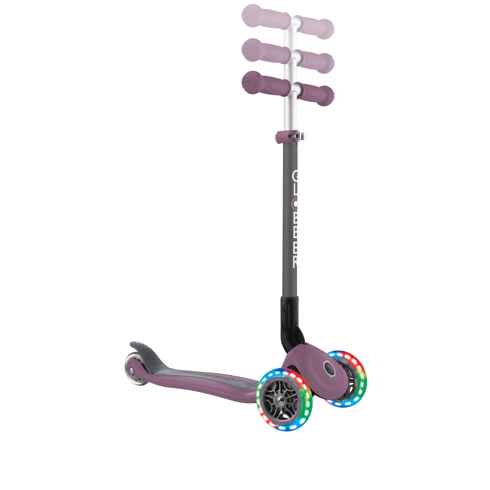 GLOBBER Primo Foldable Lights - Patinete infantil 120/80 mm, ABEC 5, 3 ruedas, altura regulable, ruedas LED, color morado