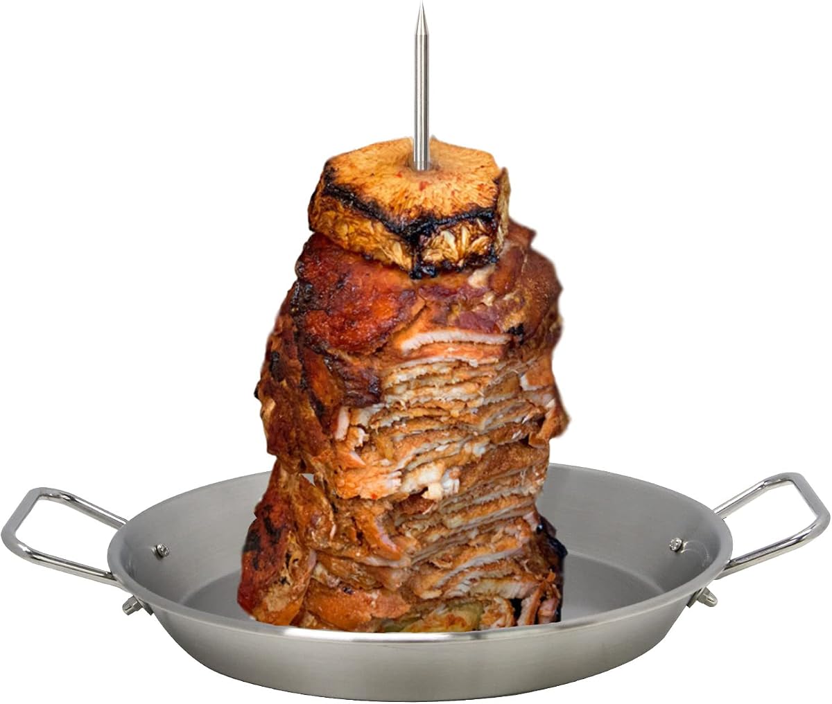Vertical Skewer Pan Gyro Pan Spit Shawarma Pan Stand for oven with Skewer | Al Pastor Skewer for Grill, El Pastor Hack for Tacos Al Pastor Chicken, Brazilian, Stainless Steel, with 8",10" stick