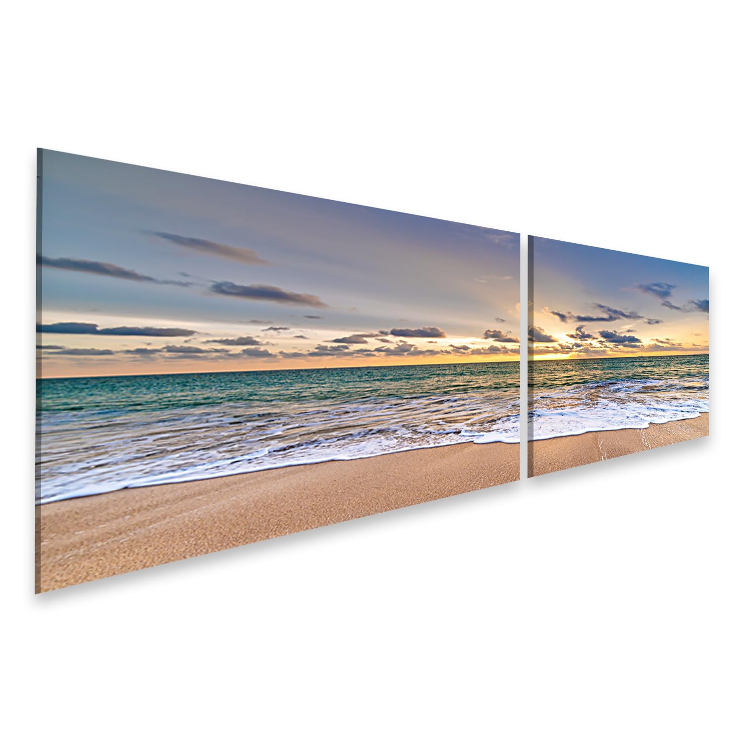 islandburner Leinwandbild Strand Sonnenuntergang Himmel und Meer mit Wolken und Wellen - Leinwand 160x40cm - 2 Teile