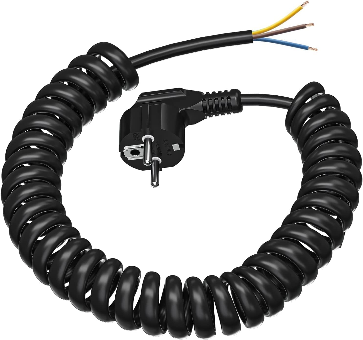 Câble Schuko 3m Spiralé Câble Spiralé 0.3-3m - Rallonge électrique Schuko - IP20 Intérieur - Noir - 230V/16A Câble Enrouleur
