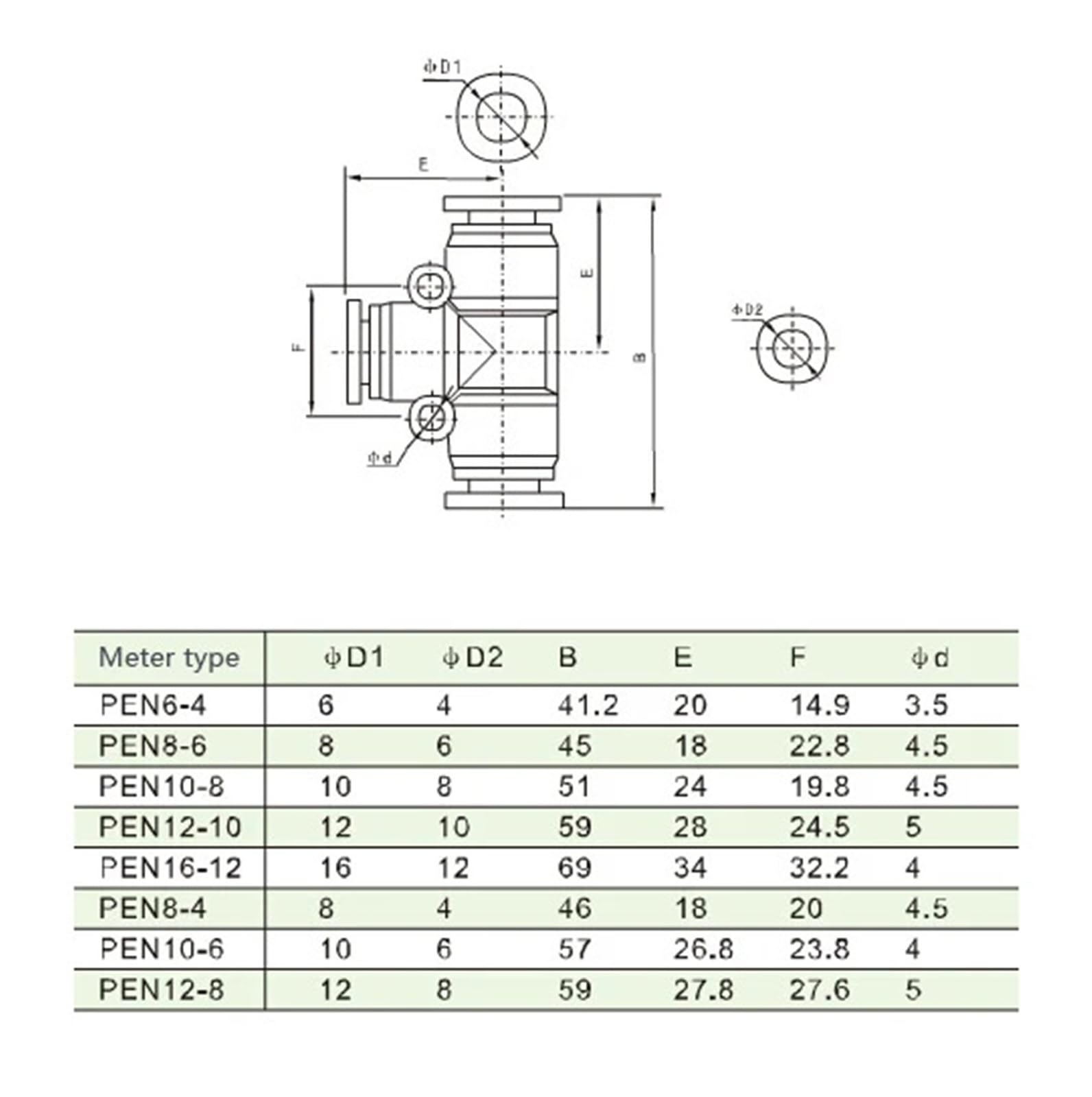 Pneumatischer Anschluss PEG12-8 12MM-8MM Pneumatisches T-Stück mit ungleicher Verbindung, 30 Stück