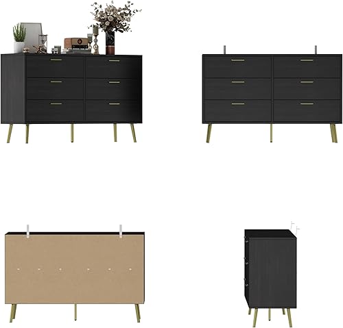 Miniatura 9 de Hitow Cómoda de 6 cajones para dormitorio, cómoda moderna y ancha doble con patas de metal, cómoda de almacenamiento para oficina en casa, cómoda