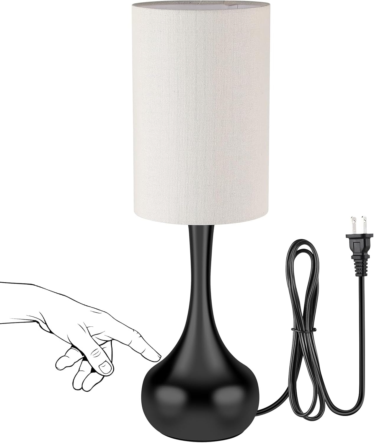 Mid Century Modern Droplet Table Lamp,Touch Control & 3-Way Dimmable,No Assembly Required Cylinder Shade,Black Vintage Farmhouse Bedside Lamp for Bedroom,Nightstand,Living Room,Office