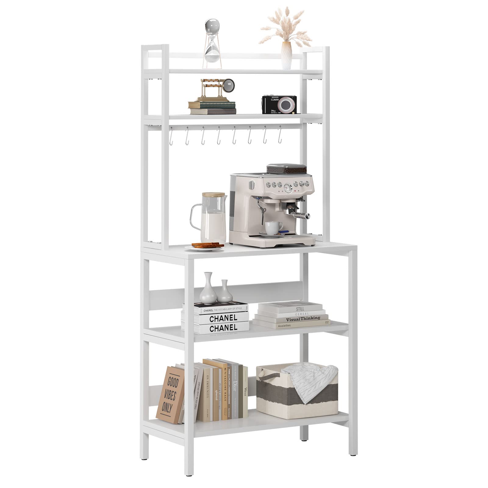 sogesfurniture Scaffale industriale a 5 ripiani per forno a microonde con ripiani bar da caffè per soggiorno, scaffale portaoggetti per ufficio a casa, 8 ganci, bianco