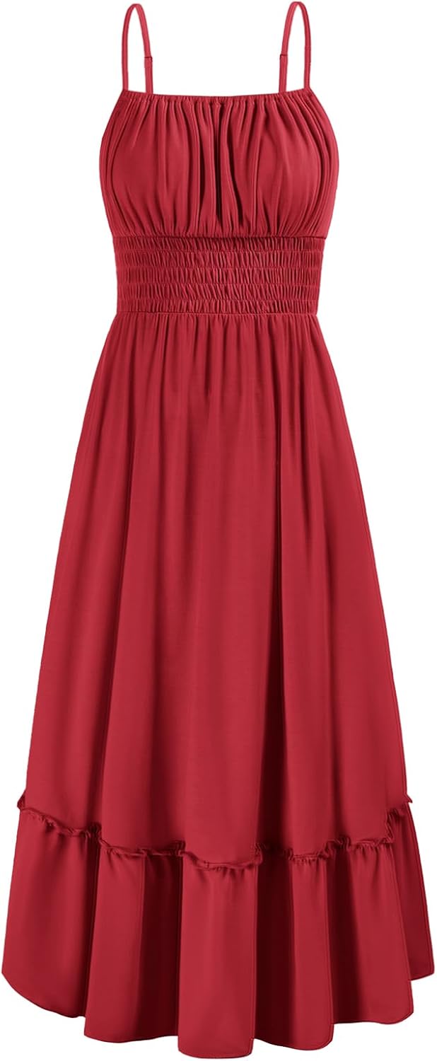 GRACE KARIN Womens 2025 Summer Dress Casual Sleeveless Spaghetti Strap Smocked Ruffle Beach Long Maxi Dress with Pockets