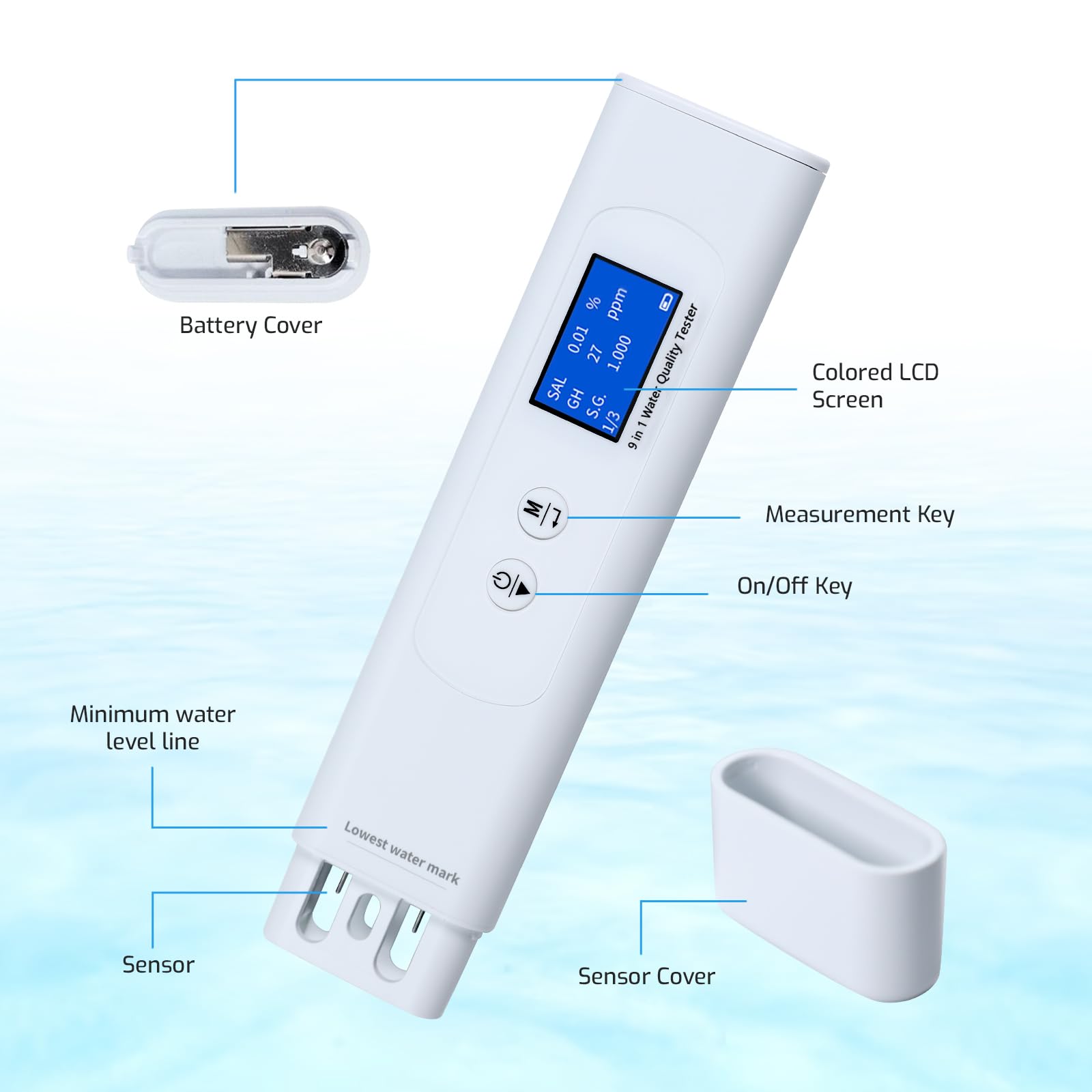 Testeur d'eau Multiparamètres 9-en-1 : COD, TOC, UV275, TDS, EC, Salinité, Dureté, SG, Temp. LCD Couleur, Rétroéclairage, Scoring Intelligent pour Aquariums et Eau Potable