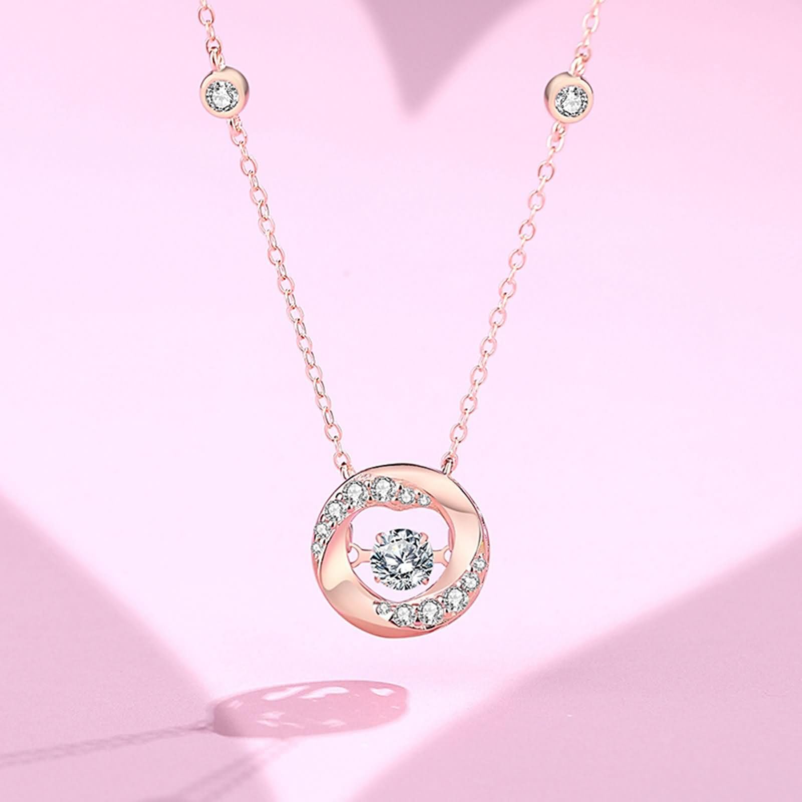 Collana Pendente Oro Rosa 9K / 14K / 18K Donna, Rotondo con Moissanite, Donna Collana in Oro Rosa