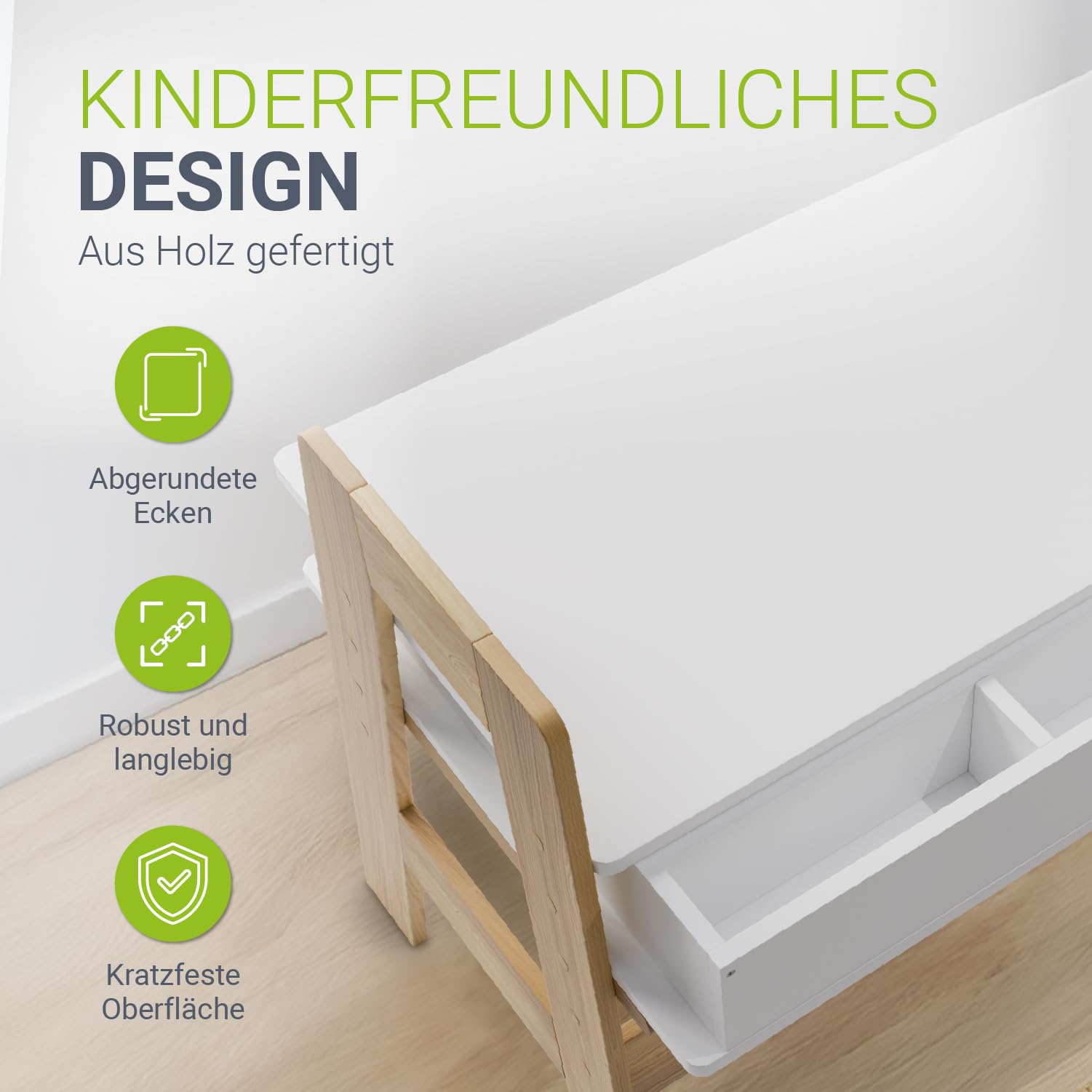 Juskys Kinderschreibtisch Fietje - Höhenverstellbarer Schreibtisch für Kinder, aus Holz, mit 2 Schubladen und viel Stauraum - Lerntisch in Weiß