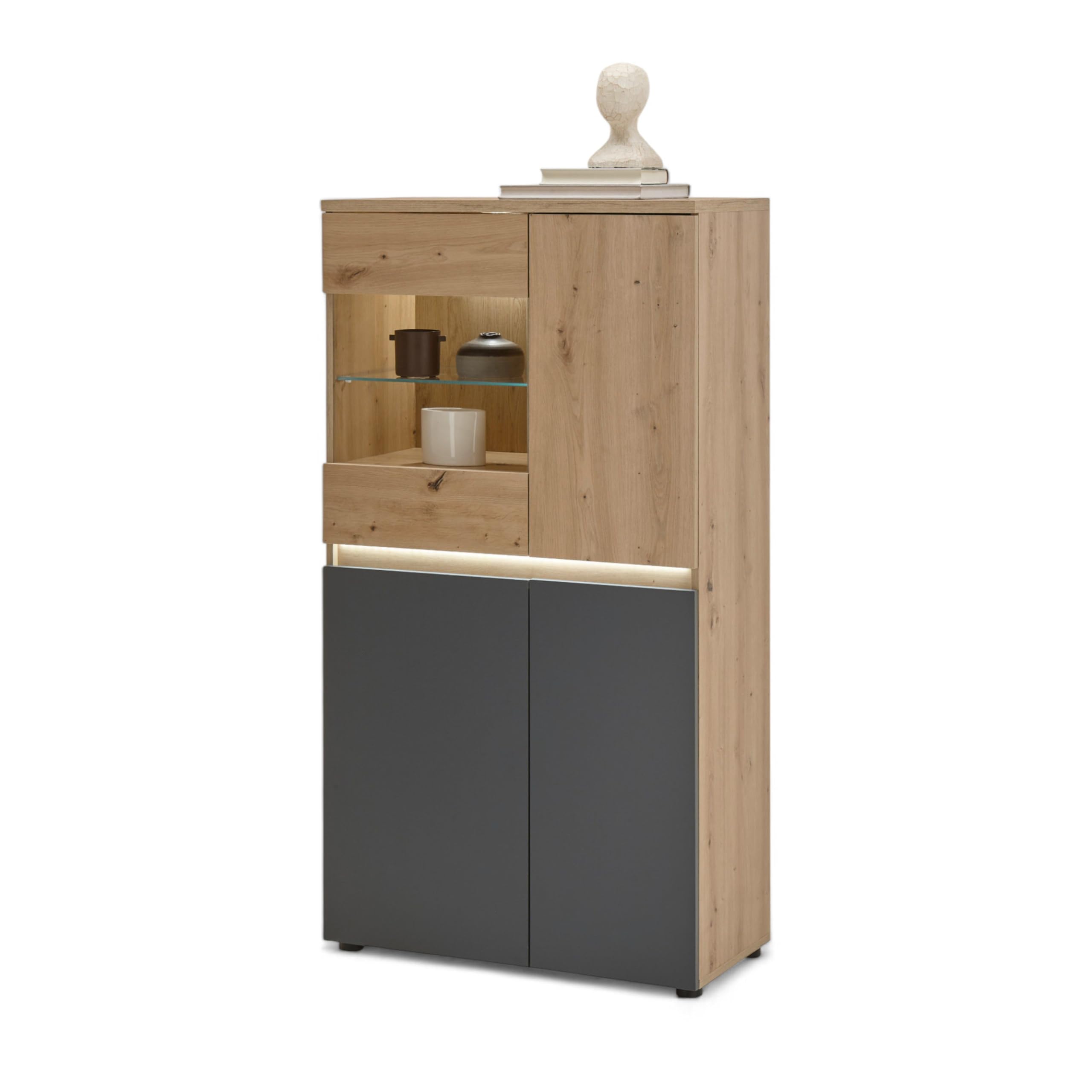 DEINE TANTE EMMA 45-841-U2 Lille Highboard - Cómoda con iluminación (Roble Artificial, 75 x 140 x 38 cm)