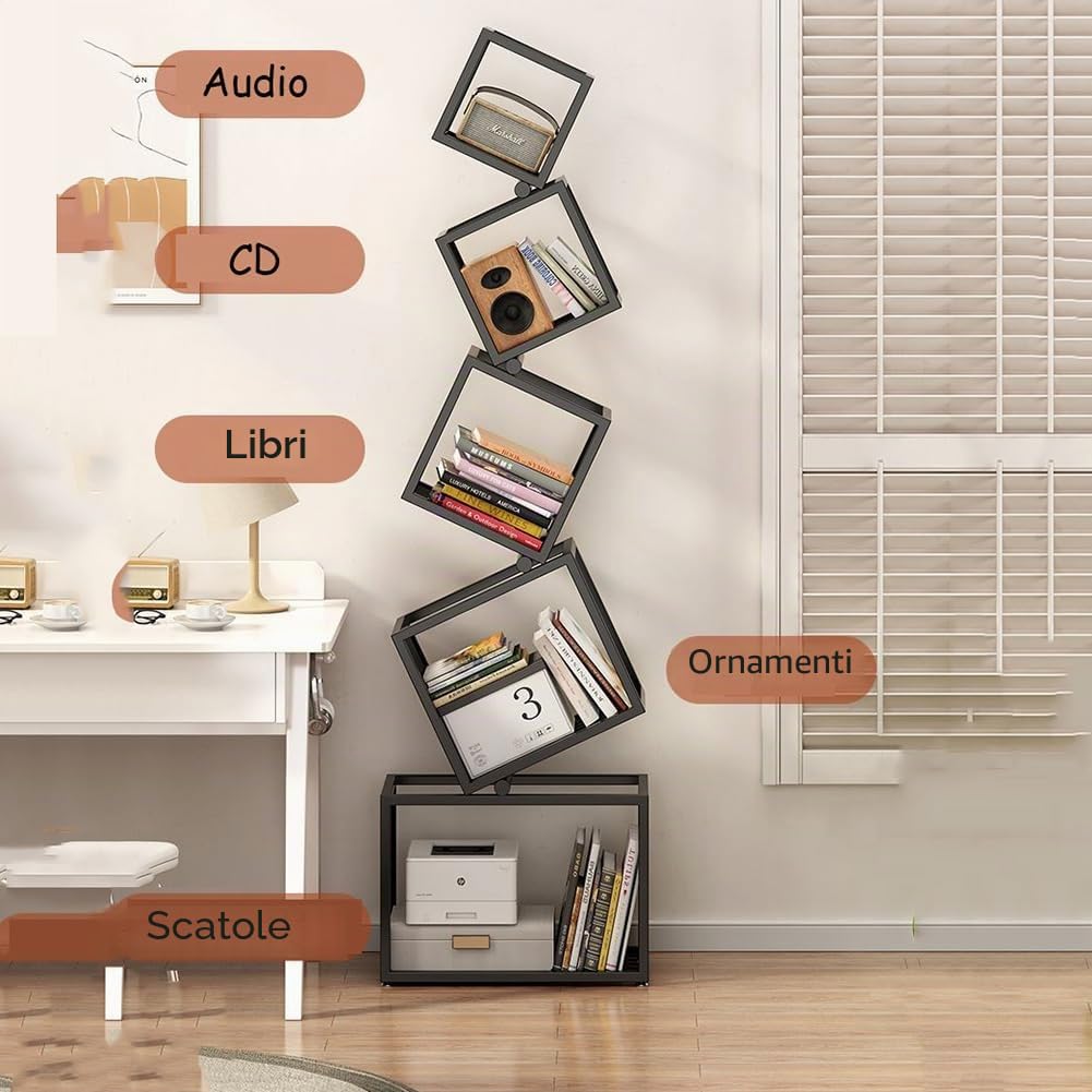 Libreria Etagere,Scaffale Esclusivo Alto 5 Livelli da 72",Librerie Moderne e Geometriche Scaffale in Metallo Fresco,Scaffale ad Angolo per Camera da Letto,Soggiorno,Ufficio Domestico