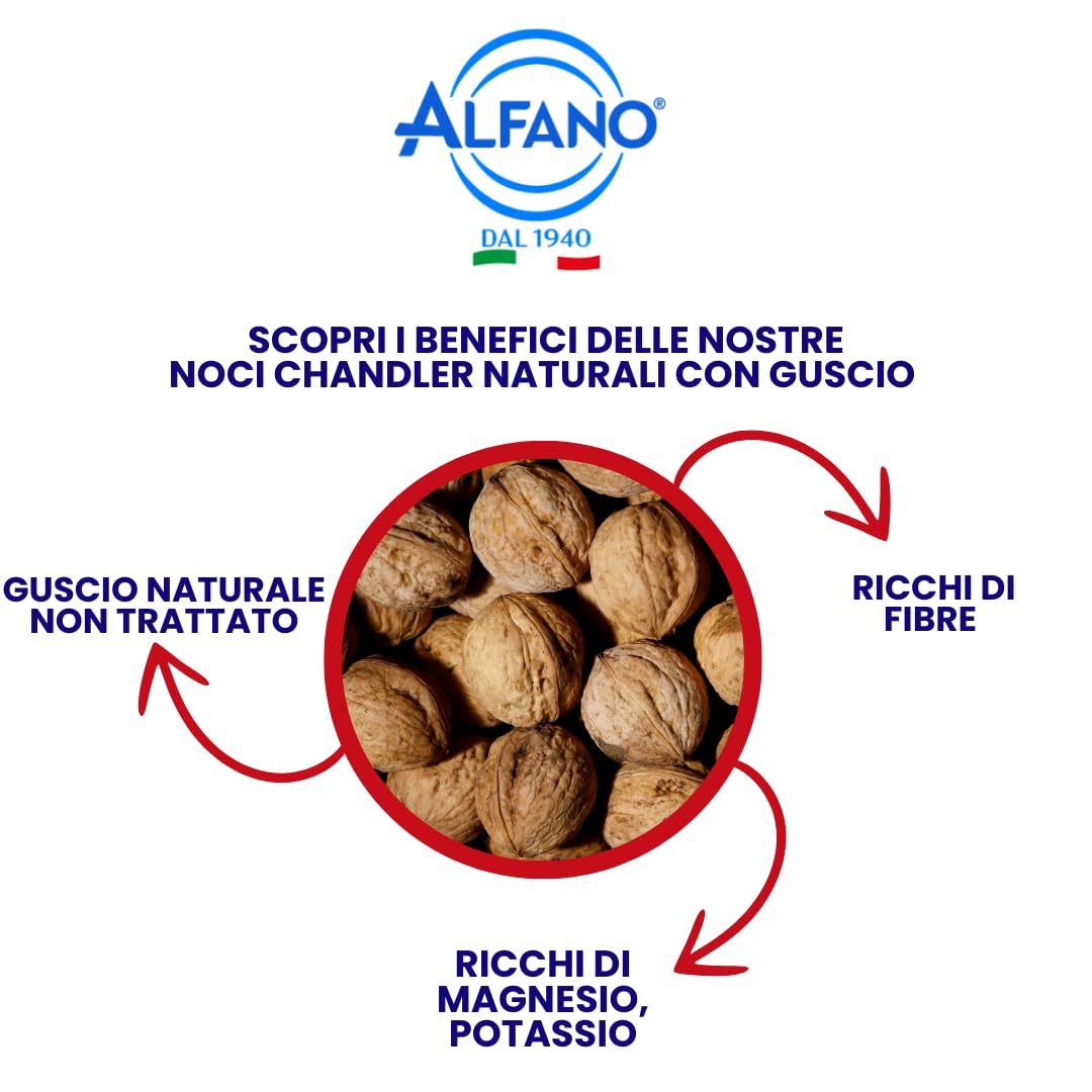 Alfano dal 1940 Noci Chandler Naturali con Guscio non Trattato 500g Ricche di Fibre, Magnesio e Fonte di Potassio Snack Ideale per una Dieta Equilibrata e Vegana (8 Pezzi)