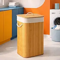 Cesto de Roupas em Bambu 72L com Tampa e Alças, Organizador Lavanderia Dobrável com Revestimento Interno Removível, Design Moderno para Banheiro Quarto Lavanderia Alta Capacidade e Durabilidade Prime
