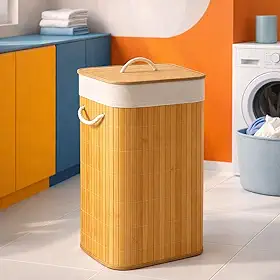 Cesto de Roupas em Bambu 72L com Tampa e Alças, Organizador Lavanderia Dobrável com Revestimento Interno Removível, Design Moderno para Banheiro Quarto Lavanderia Alta Capacidade e Durabilidade Prime