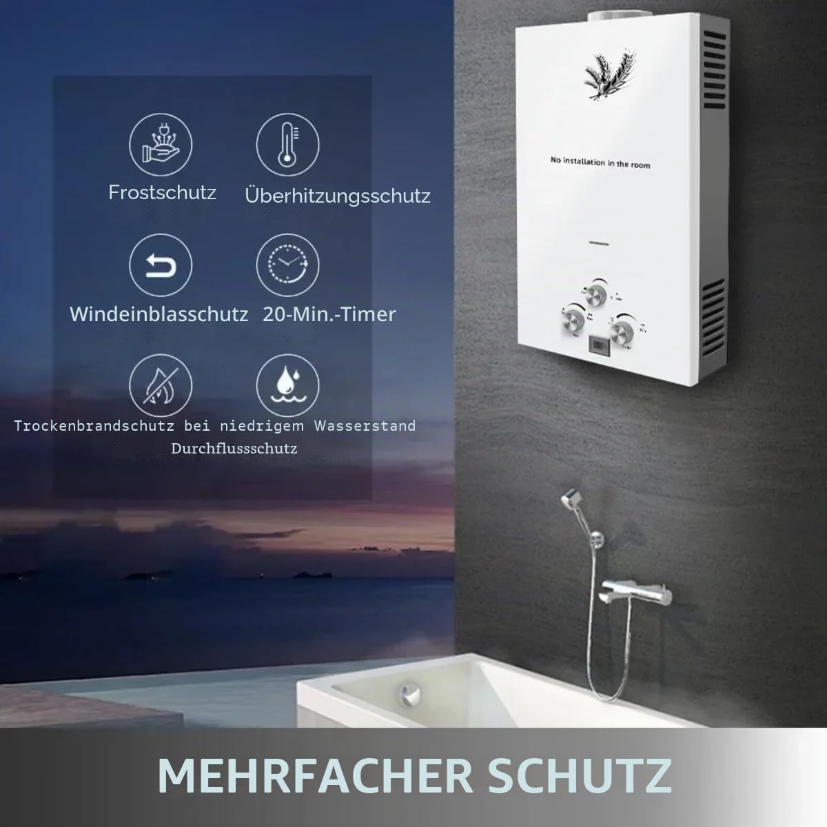 Gas Durchlauferhitzer 6 LPM 12KW LPL Propan/Butan Gas Durchlauferhitzer, ultra-niedriger Startwasserdruck, geeignet für den Hausgebrauch und im Freien (6L 12KW)