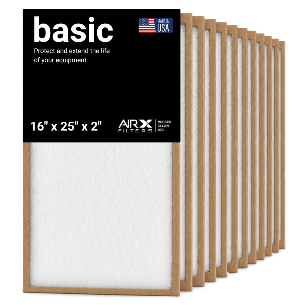 16x25x2 Air Filter Comparable to MPR 100 Basic Economy Furnace Filters, 12 Pack