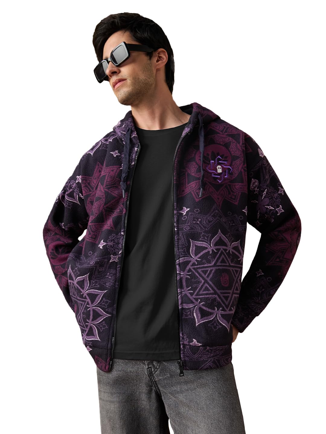 Oversized Jacket: Mandala Men and Boys Full Sleeves Hooded Neck Dark Purple Embroidered Ethnic Print Polar Fleece Oversized Fit Lightweight Casual Jacket-image-9