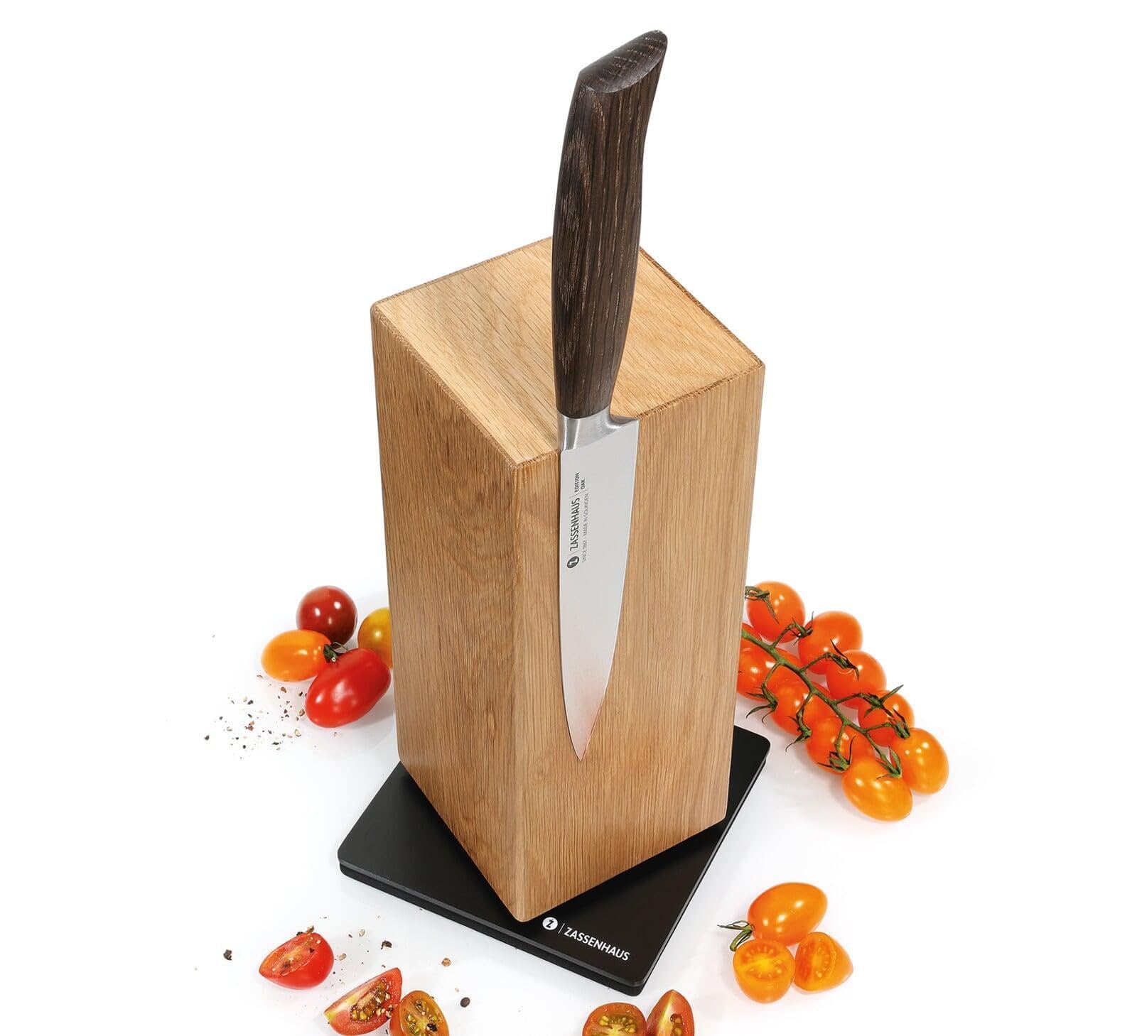 Zassenhaus Magnet-Messerblock SPIN | Für 8 Messer | Holz-Messerhalter magnetisch | Mehrseitig nutzbar, drehbar | Für Fleischmesser, Hackmesser und mehr | 13 × 13 × 25,5 cm | Eichenholz/Edelstahl