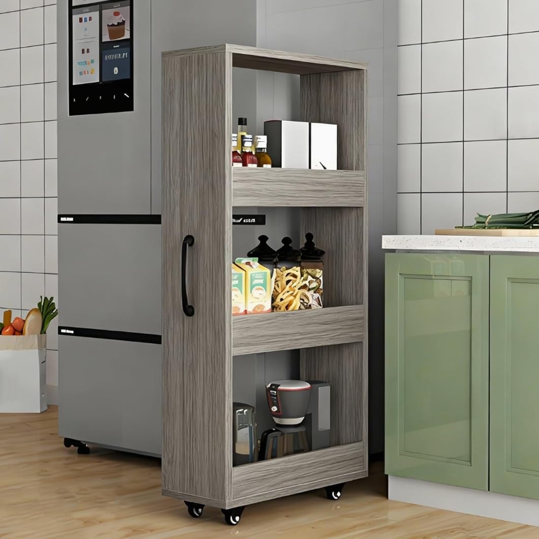 Carrello portaoggetti sottile a 4 ripiani in legno con ruote, salvaspazio, per sala da pranzo, rovere grigio, 15 x 45 x 119,9 cm, versatile scaffale multiuso