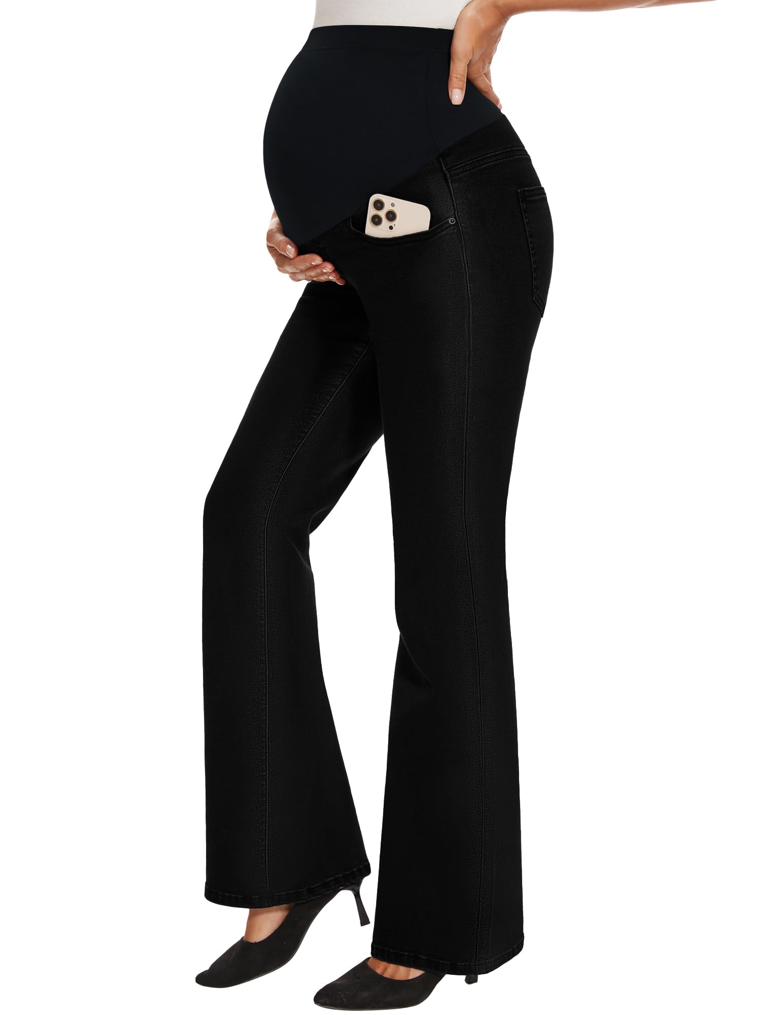 GLAMIX Pantalones de mezclilla elásticos de maternidad con bolsillos sobre el vientre, pantalones de mezclilla acampanados para mujer, ropa de embarazo