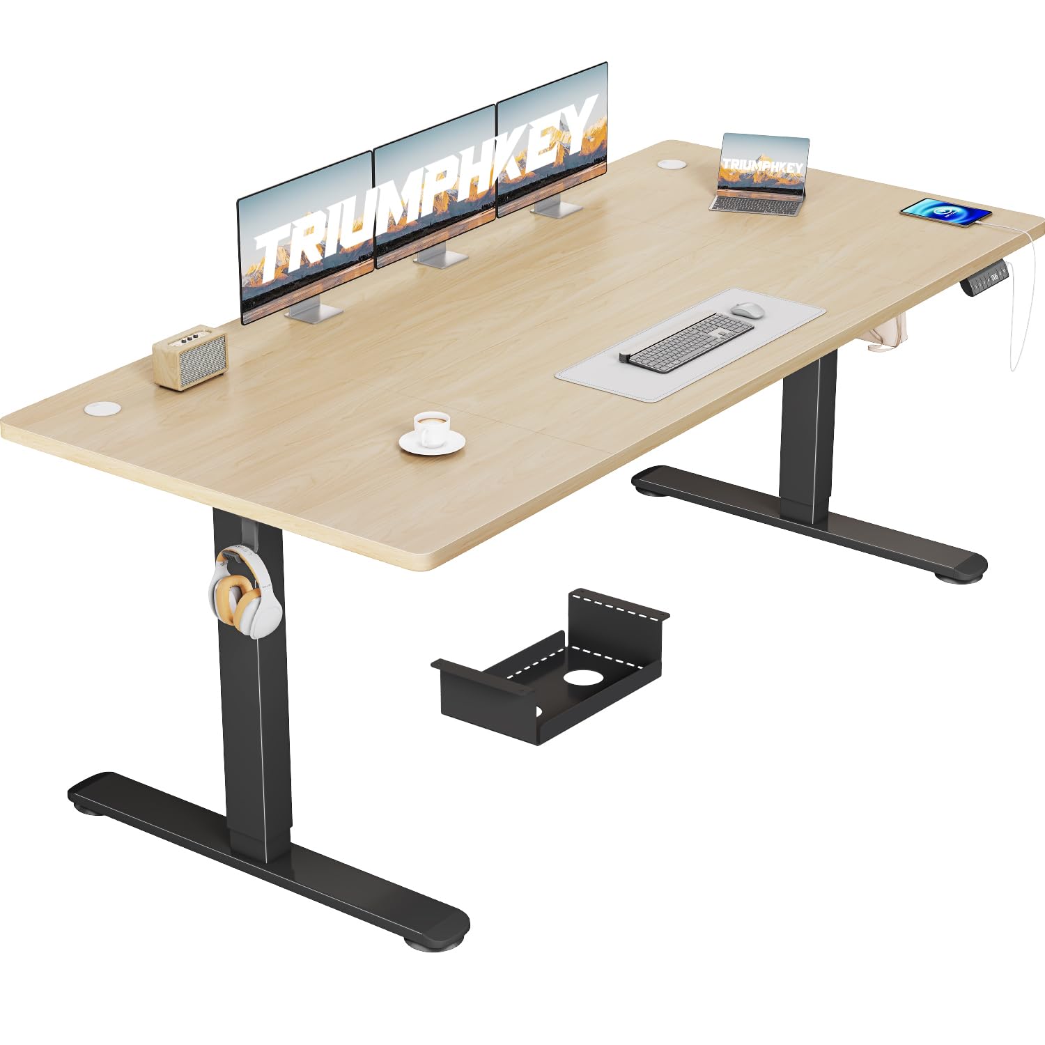 TRIUMPHKEY Pupitre Regulable en Altura 180x80cm pupitre Grande con 3 memorias Pupitre para Ordenador Regulable en Altura anticolisión Mesa Regulable en Altura Toma USB Roble Blanco