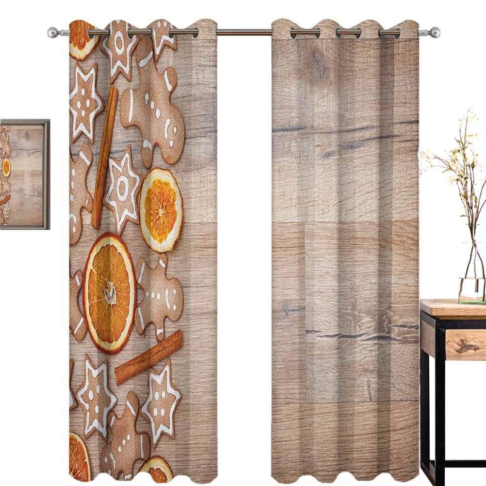 Gingerbread Man Room Darkened Curtain Dried Orange Slices Cinnamon Sticks Aromatic Sweet Biscuits Stars Insulated Room Bedroom Darkened Curtains W72 x L108 Inch Umber Orange White