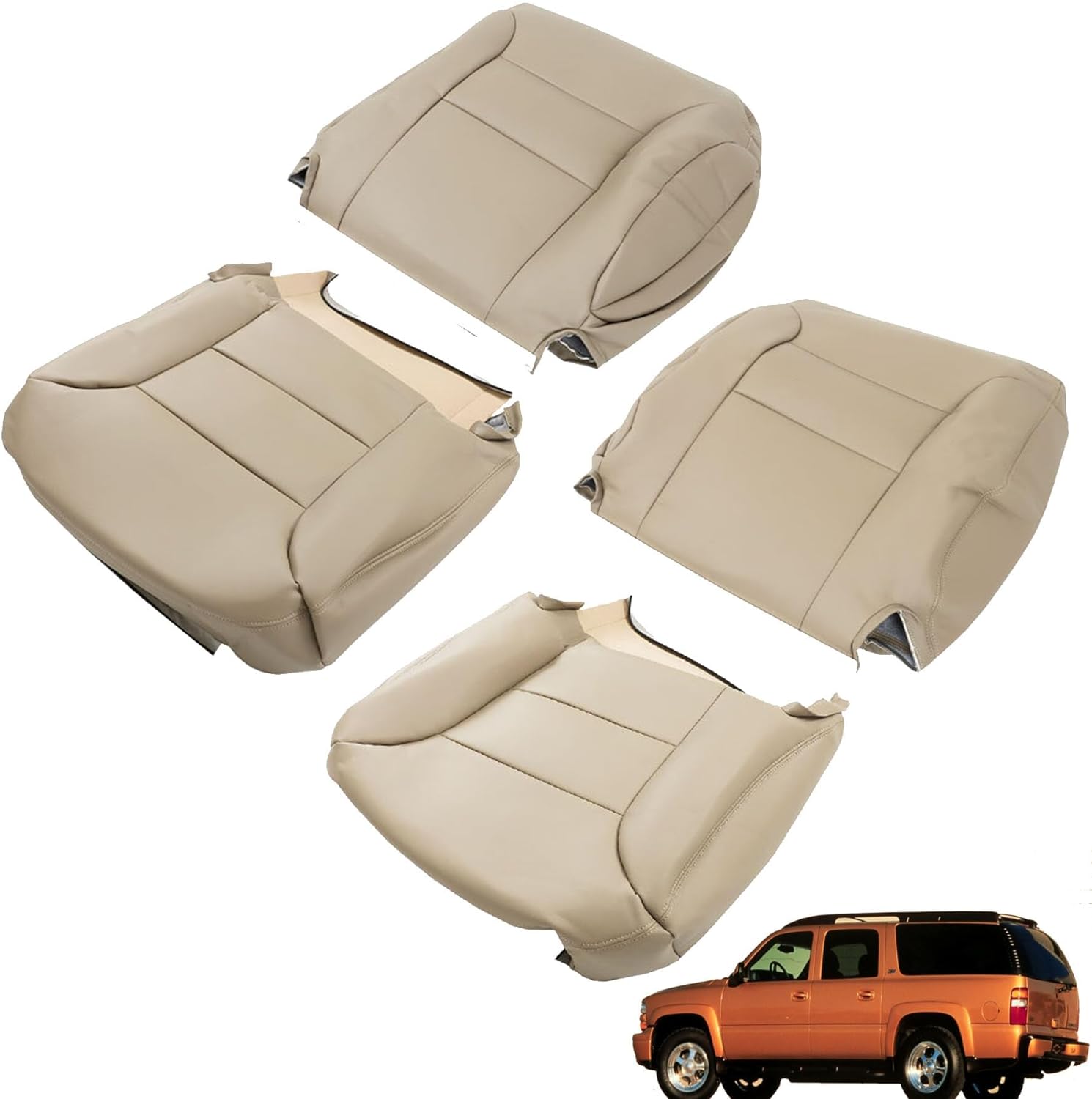 munirater 4Pcs Tan Front Bottom Top Leather Seat Cover Replacement for 1995-1999 Tahoe Suburban Silverado Sierra Yukon
