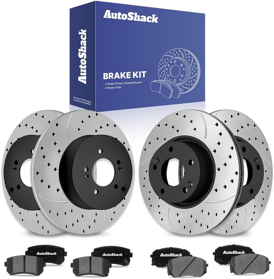AutoShack Front Vented & Rear Solid Drilled & Slotted E-Coated Brake Rotors + Ceramic Pads 12-PC Brake Kit Replacement for 2011-2016 Kia Sportage 2010-2015 Hyundai Tucson ShadowGuard