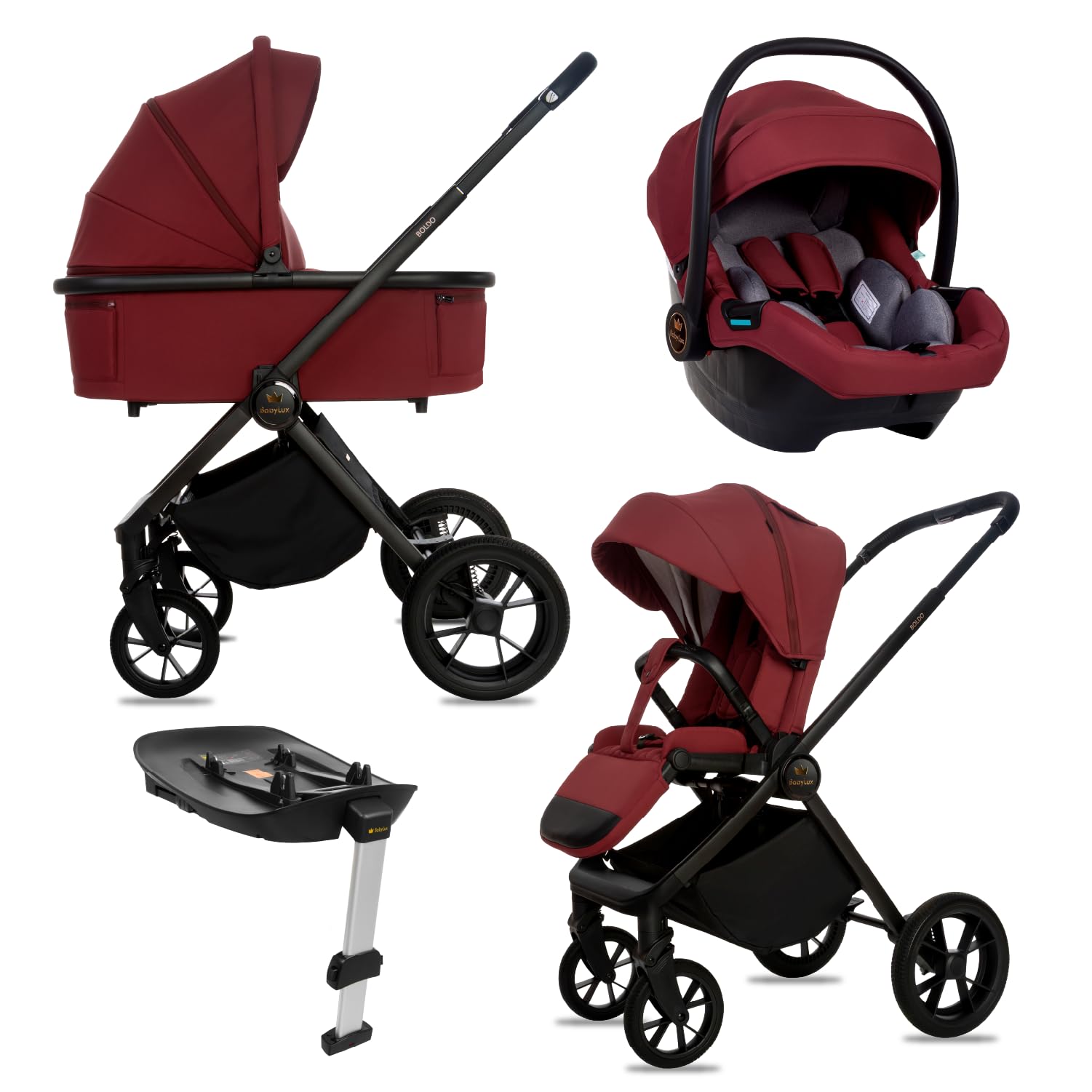 BabyLux® Passeggino 4in1 BOLDO, Set Pieghevole di Passeggino Leggero | Combinati con Navicella, Passeggino da Viaggio, Seggiolino Auto i-Size, Base Auto, 4 posizioni reclinabili, 0-22 kg, UV