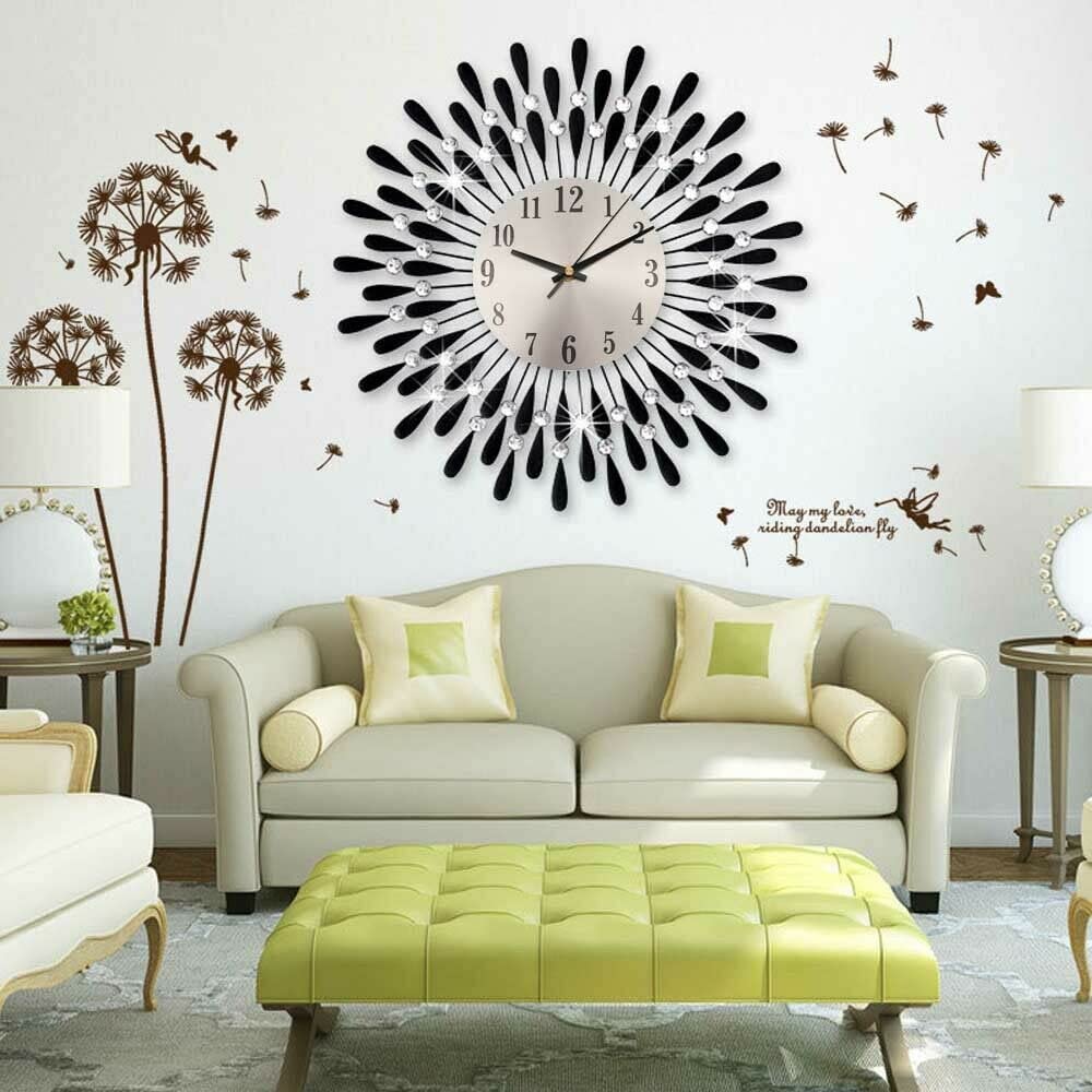 Reloj de pared 3D con cuentas de cristal con diseño de diamante con forma de sol, reloj de pared mute de cristal 3D, reloj de cuarzo electrónico para sala de estar, cocina, decoración del hogar(negro)