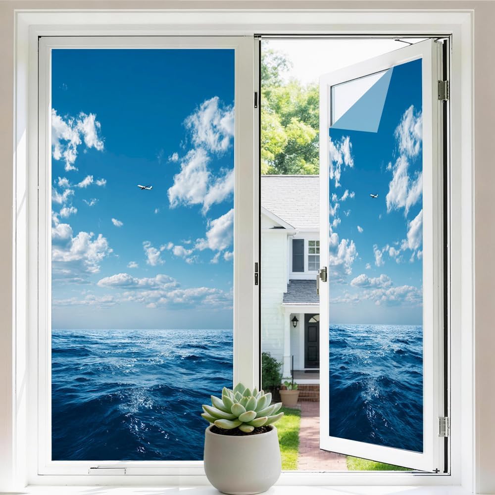 Película decorativa para ventana con diseño azul mar y cielo miniatura 1