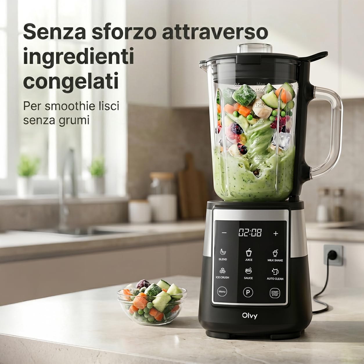 Olvy Frullatore Smoothie Maker 1500ml Vetro To-Go Timer LED 6 Lame-Black