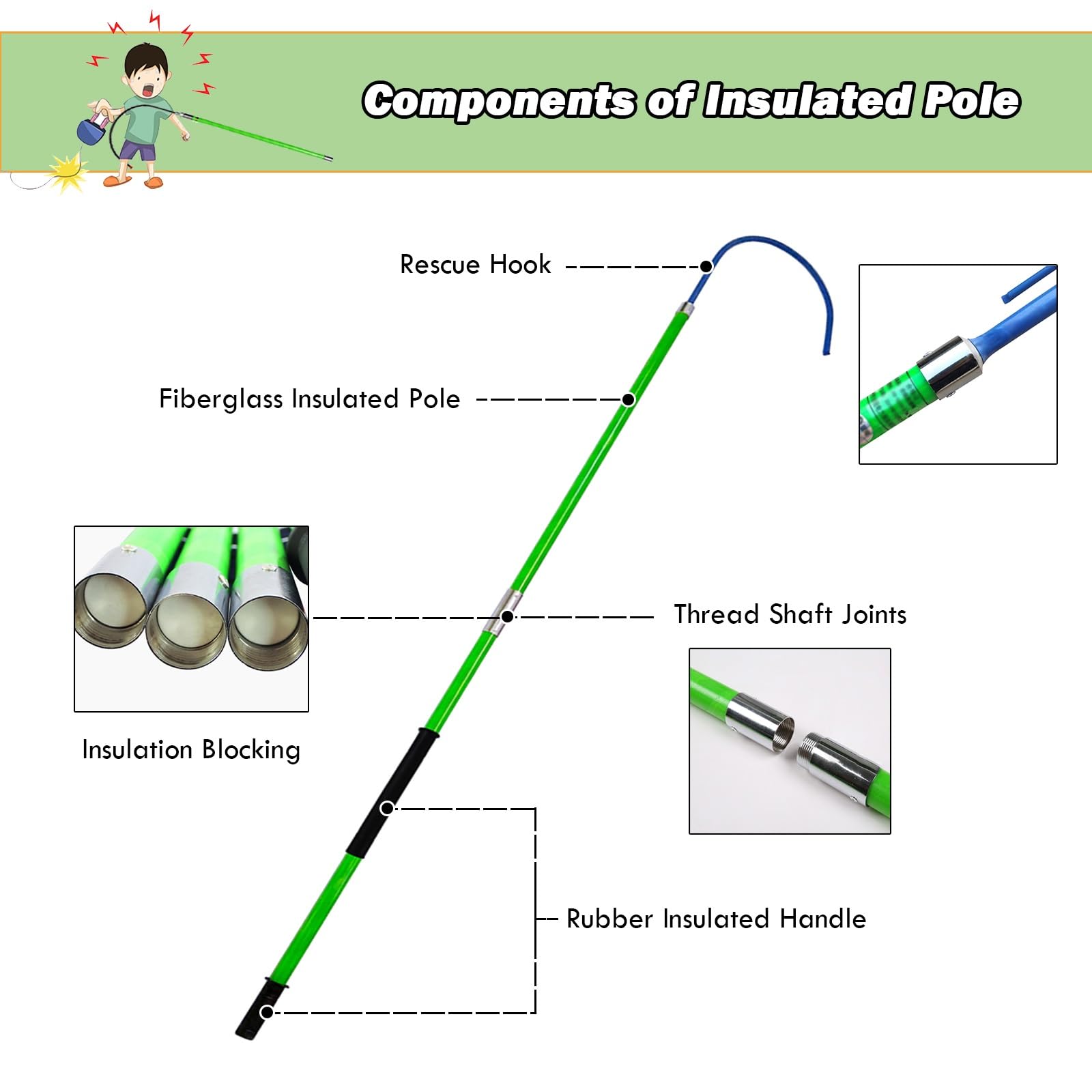Gancio di salvataggio isolato ad alta tensione, palo in fibra di vetro resistente per sicurezza elettrica, supporta 99,8 kg, perfetto per sottostazioni, fabbriche, scuole, 3 m
