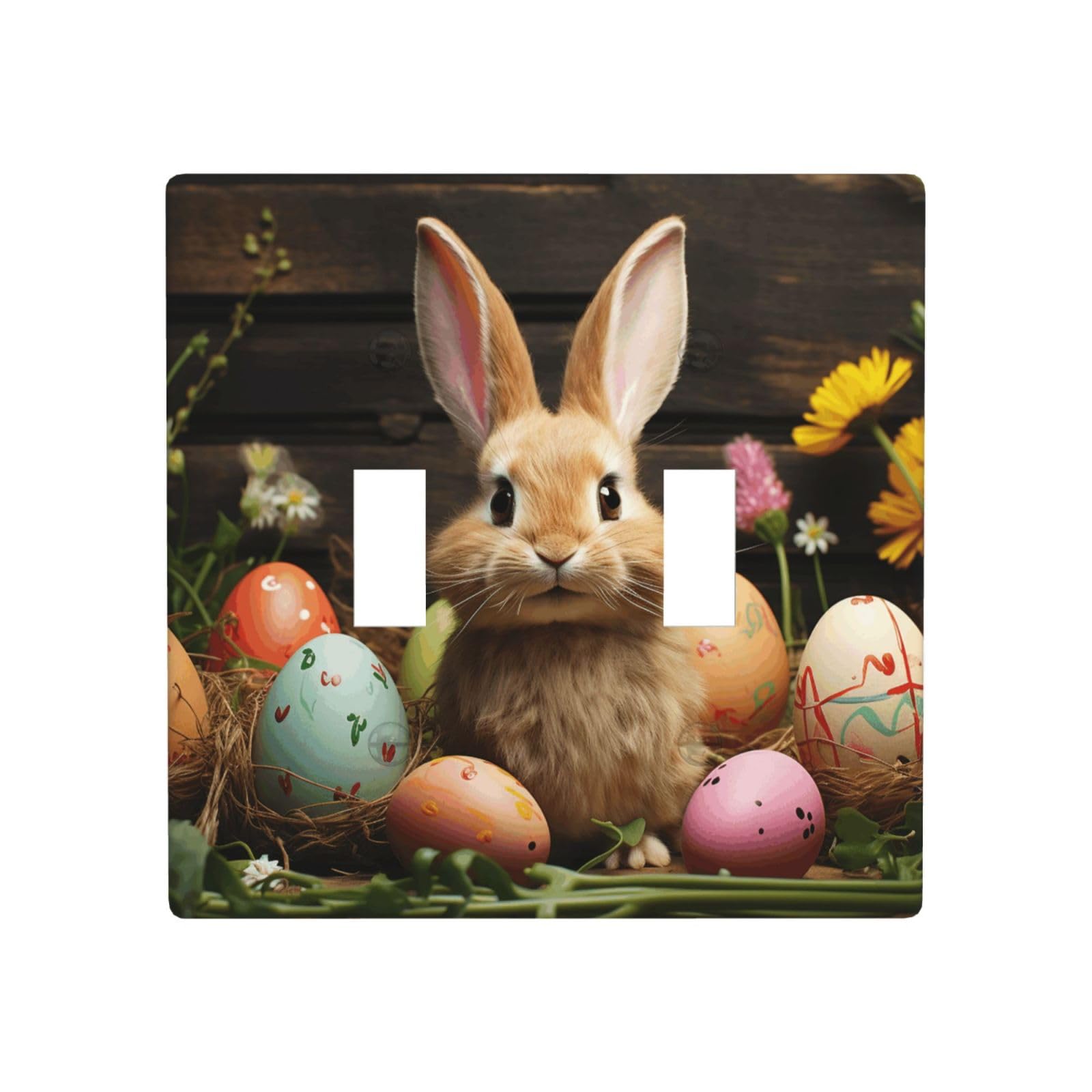 2-Gang Decorator Wall Plate Easter Egg Bunny Light Switch Cover Double Toggle Receptacle Wall Plate Standard Size 4.5" x 4.5" Wallplate Unbreakable Polycarbonate Outlet Faceplates Covers